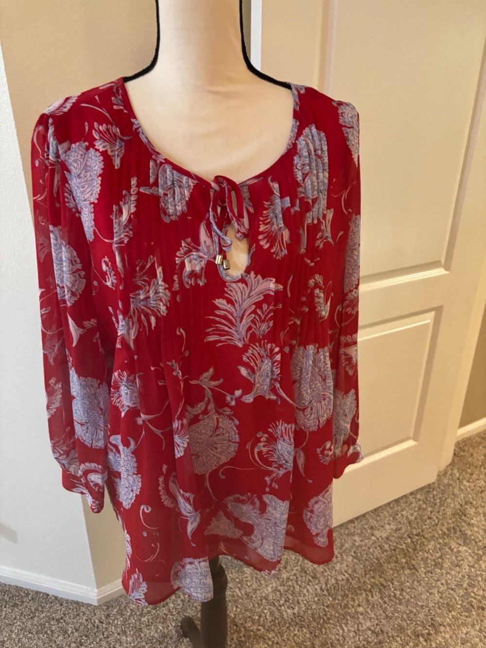 Red and light blue print blouse.
